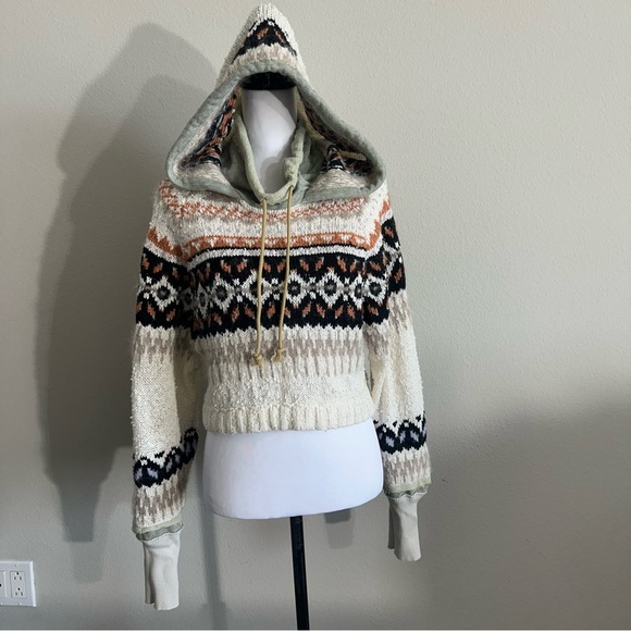 Free People Hoodie Inverness Pullover Sweater Cropped Long Sleeve Oatmeal - Picture 7 of 12